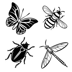 Four black silhouette vector designs of insects on white