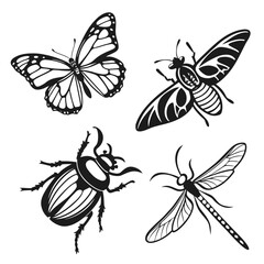 Four black silhouette vector designs of insects butterfly beetle dragonfly bee