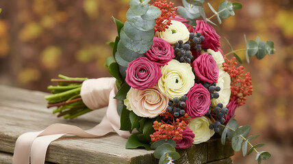 Elegant bridal bouquet with pink and white roses on rustic wooden bench