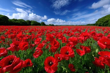 Obraz premium Vibrant red poppy field under a clear blue sky during sunny daylight hours