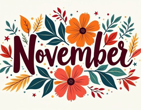 Autumnal illustration with the word November prominently displayed. Decorated with colorful flowers and falling leaves in warm tones. Festive seasonal graphic design element for autumn content. - Powered by Adobe
