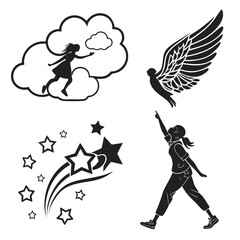 Four black silhouette vector graphics of imagination and aspiration