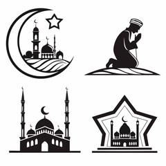 Islamic art vector designs crescent star mosque and praying man