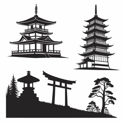 Japanese pagodas torii gate lantern and trees silhouettes
