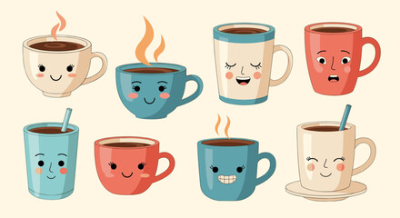 A collection of cute coffee mugs with adorable facial expressions for a delightful beverage experience.