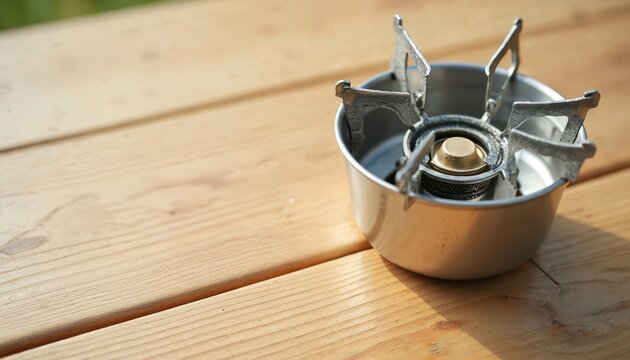 Portable camping stove sits on wooden plank table outdoors. Compact metal burner ready for making hot food. Light fuel appliance for adventure travel, camping, simple meal prep in nature.