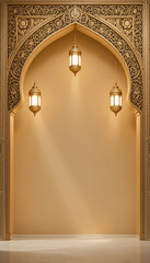 Ornate islamic archway with traditional lanterns and arabic calligraphy decoration