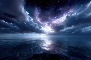 Naklejka premium Majestic clouds illuminated by cosmic light over calm ocean waters at night