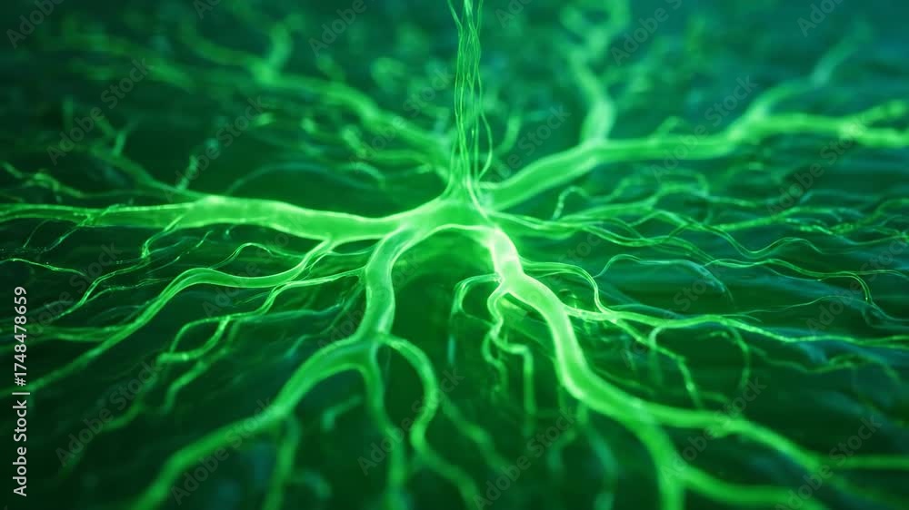 Poster seamlessly looping abstract green organic network pattern with glowing lines creating a digital grow