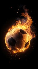 Fototapeta premium A soccer ball engulfed in vibrant, fiery orange and yellow flames against a stark black background, embers and smoke swirling around it