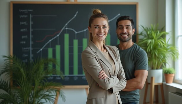 Business partners stand smiling by a blackboard with growth chart. Woman in suit, man in casual shirt. Modern office setting with plants. Success concept, financial planning visuals.