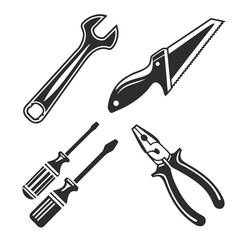 Four black silhouette hand tools on white background