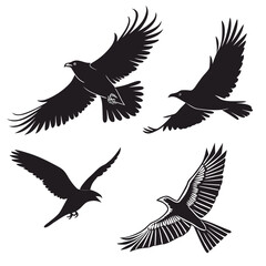 Four black silhouette vector designs of flying birds