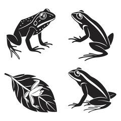 Four black silhouette vector designs of frogs and a leaf