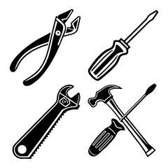 Four black silhouette vector designs of hand tools 2