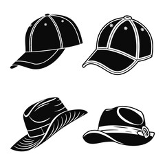 Four black silhouette vector designs of hats baseball cap 1