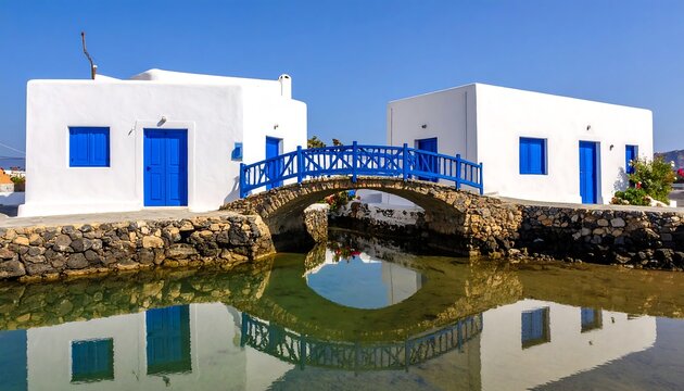 Whitewashed buildings, blue doors, arched bridge over water