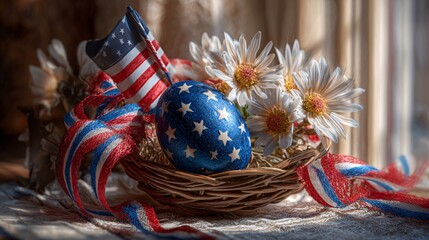 Stars-and-Stripes Easter Nest with Daisies and Woven Basket