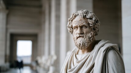 Ancient greek marble bust representing classical wisdom and philosophy, showing a bearded male figure in a museum gallery setting, embodying timeless knowledge and cultural heritage