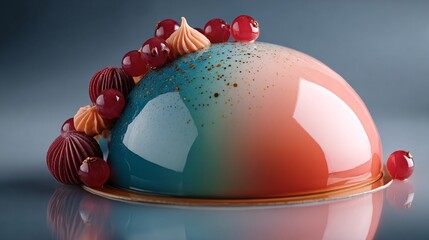 Coral–Teal Mirror-Glaze Dome with Red Currants and Rosettes