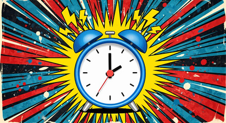 Fototapeta premium Dynamic pop art comic style alarm clock on an explosion background. Retro ringing vector for a wake up concept