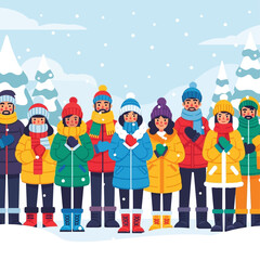 Fototapeta premium A diverse group of people wearing colorful warm winter clothes and standing together in a snowy landscape.