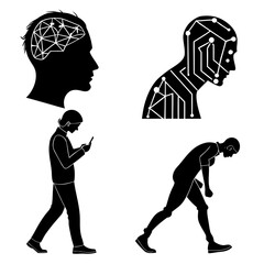 Four black human silhouette vector graphics head brain