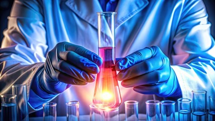 Scientist examines vibrant chemical reaction in lab, driving innovation and scientific breakthrough, perfect for research or pharmaceutical concepts