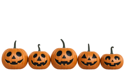Five jack o lanterns halloween decoration isolated on transparent background