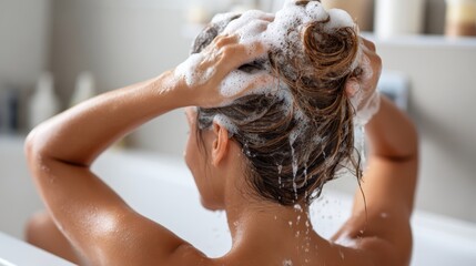 Naklejka premium Woman washing hair in a bathtub, hands massaging foamy shampoo through wet strands for refreshing scalp cleansing and daily hygiene routine