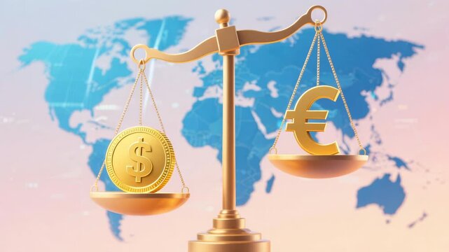 Global finance market focus dollar euro currency balance scale, gold exchange rate, global economy comparison, parity, volatility trend