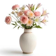 Decorative Ceramic Flower Vase with Fresh Flowers, Minimal Home Decor, Isolated on White Background