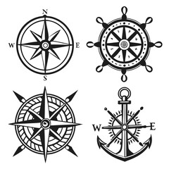 Four black silhouette nautical symbols compasses and anchor © MD MOGAMMEL HAQUE 