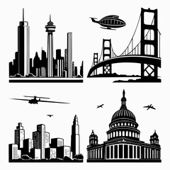 Four black silhouette vector designs of cityscapes and landmarks