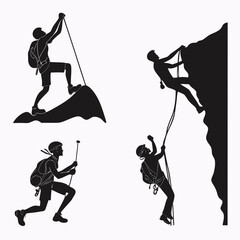 Four black silhouette vector designs of climbers on rocks 2