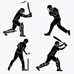 Four black silhouette vector designs of cricket players