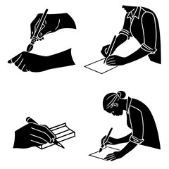 Four black silhouette vector designs of hands crafting and writing