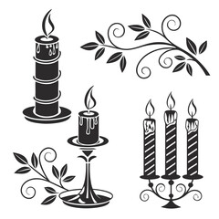 Black silhouette candles and floral elements vector