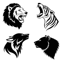 Four black animal head silhouettes lion tiger wolf bear