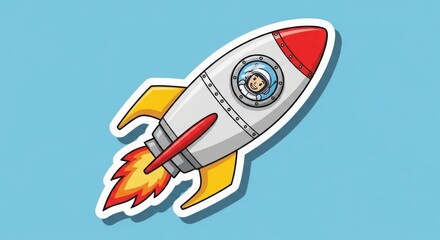 Fototapeta premium Cartoon rocket with astronaut sticker on blue background