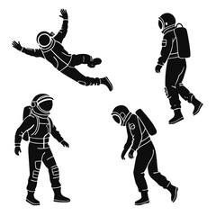 Four black silhouette astronauts in various poses space 2