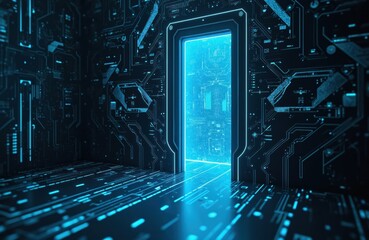 Futuristic glowing digital portal opens into cyberspace. Abstract blue circuit board environment with light patterns on floor. Entrance to virtual reality.