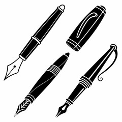 Four black silhouette fountain pens and cap writing