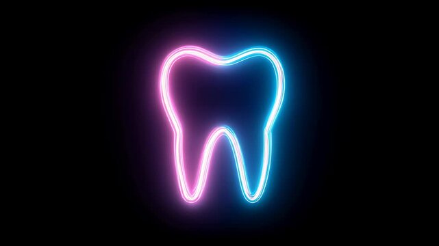 Neon glowing tooth outline in pink and blue colors on black background symbolizing dental health and modern dentistry