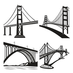 Four black silhouette vector designs of bridges white