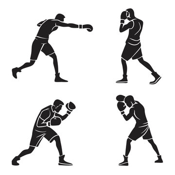 Four black silhouette vector designs of boxers in action 2