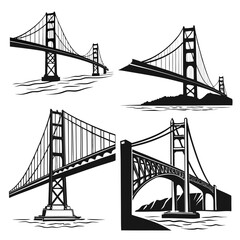 Four black silhouette vector designs of suspension bridges