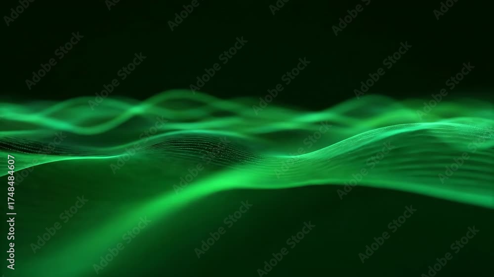 Wall mural seamlessly looping video displaying elegant green abstract light waves flowing and rippling across a