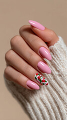 Elegant manicured nails featuring glossy pink polish and intricate floral design on one accent nail, showcasing beauty and creativity in nail art