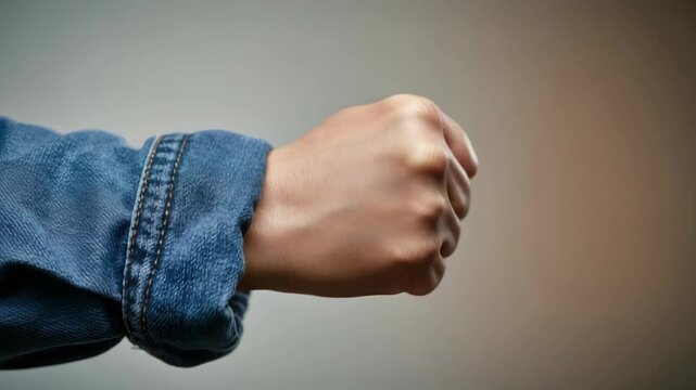 Close-up of clenched fist in denim sleeve